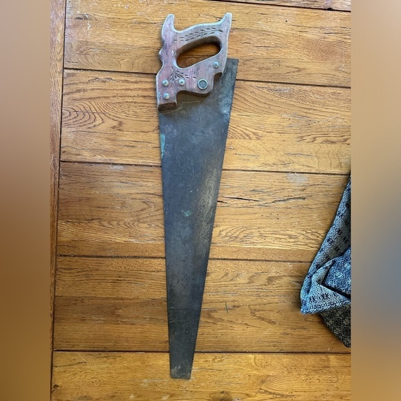 Antique Wood Handle Saw Vintage Rusty Collectible Wheat Design On Handle - Picture 1 of 5
